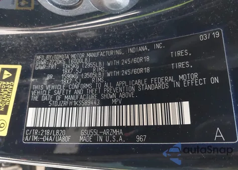 2019 Toyota Highlander Xle из США, поврежденный, VIN 5TDJZRFH1KS589443